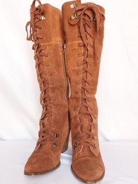 Chinese Laundry Brown Suede Lace-Up Knee High Boots | Block Heel | Size 9